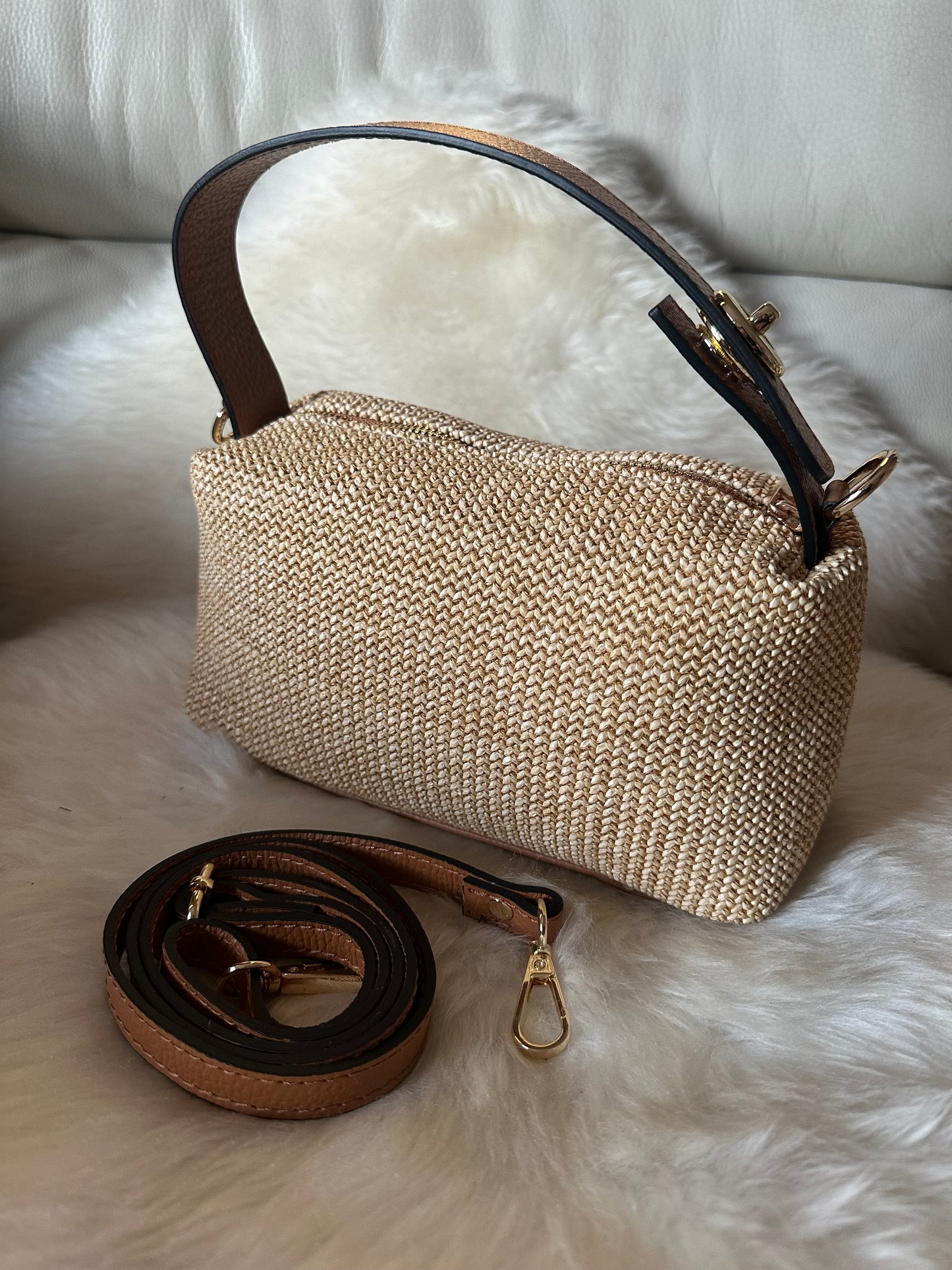 MOCHI- leather and raffia