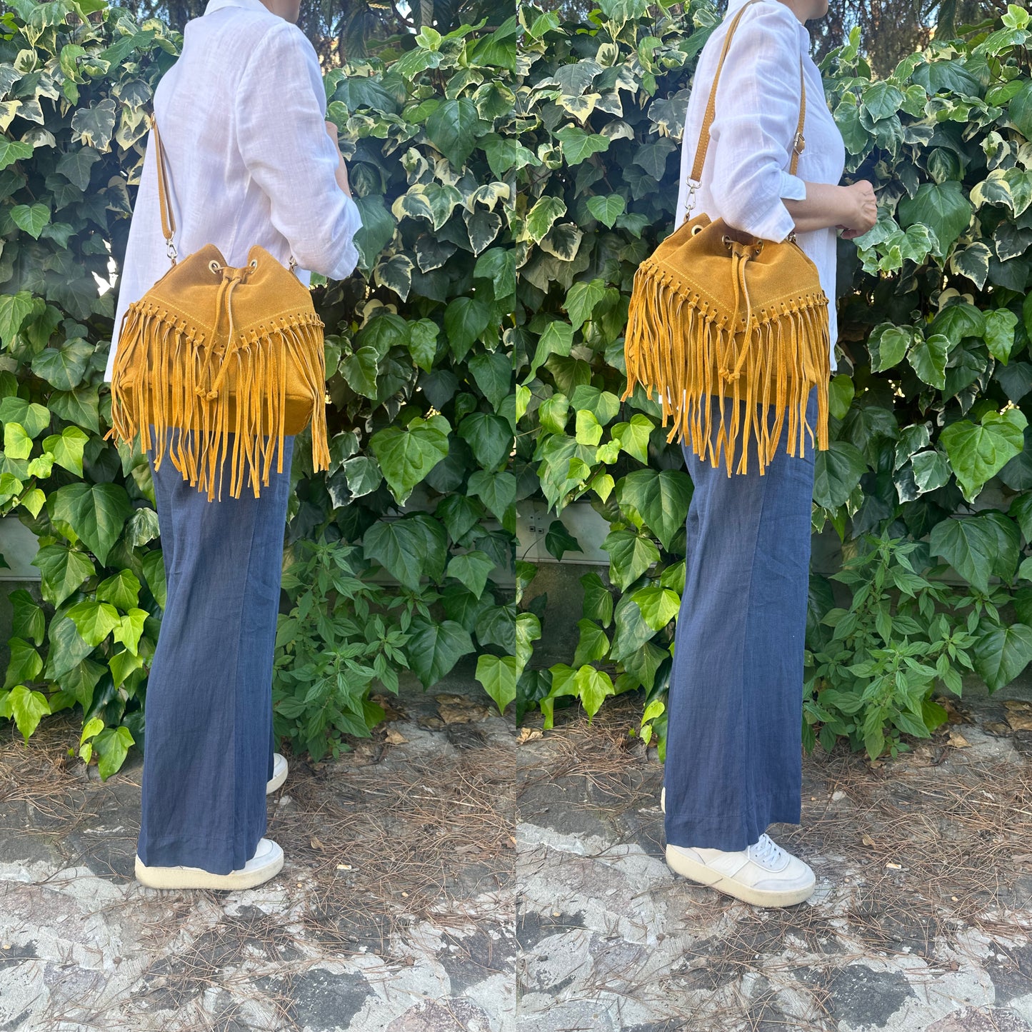 SUEDE BUCKET BAG - fringes